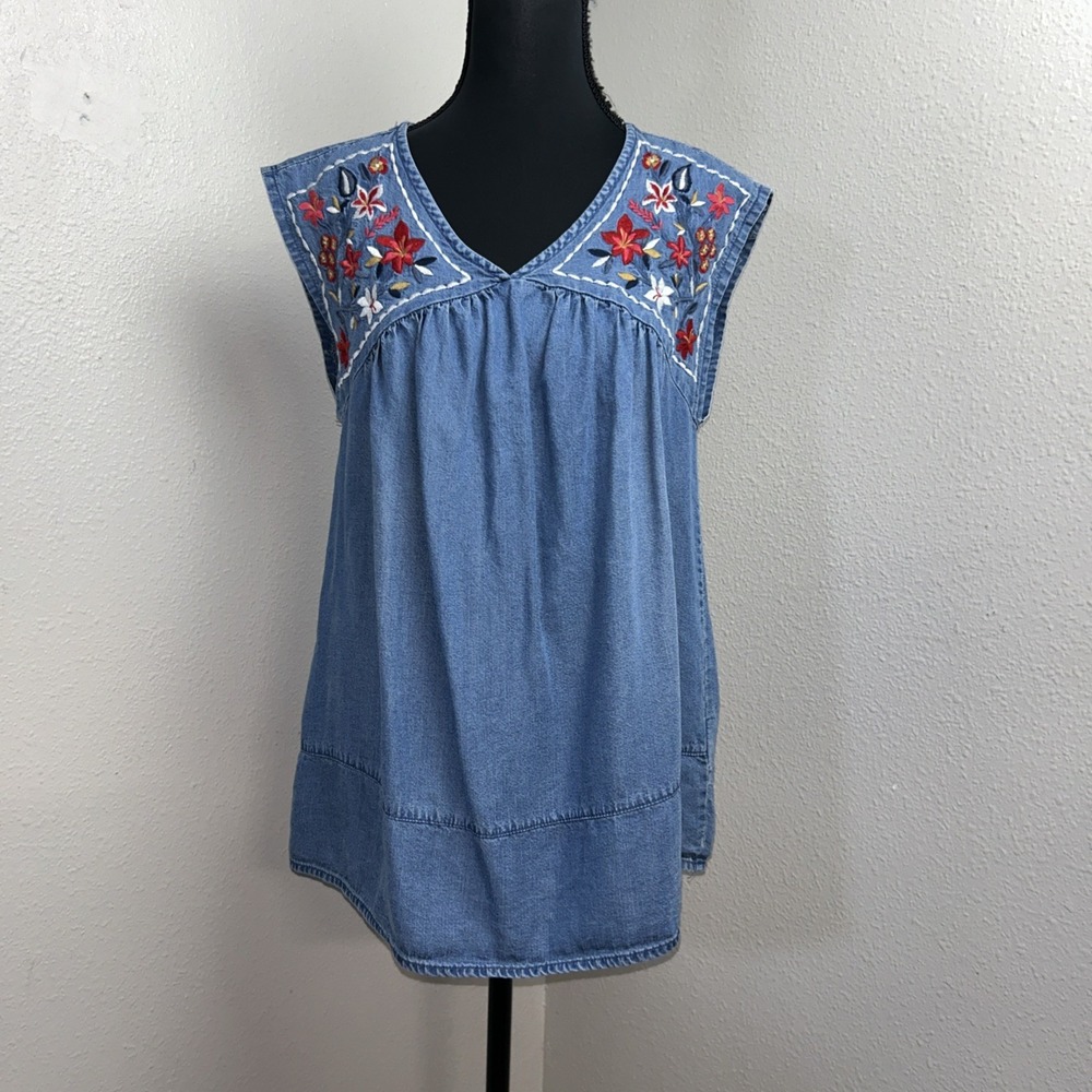 ReCreation‎ Cambray Blouse Women's Medium Blue Embroidered Floral Lagenlook Boho